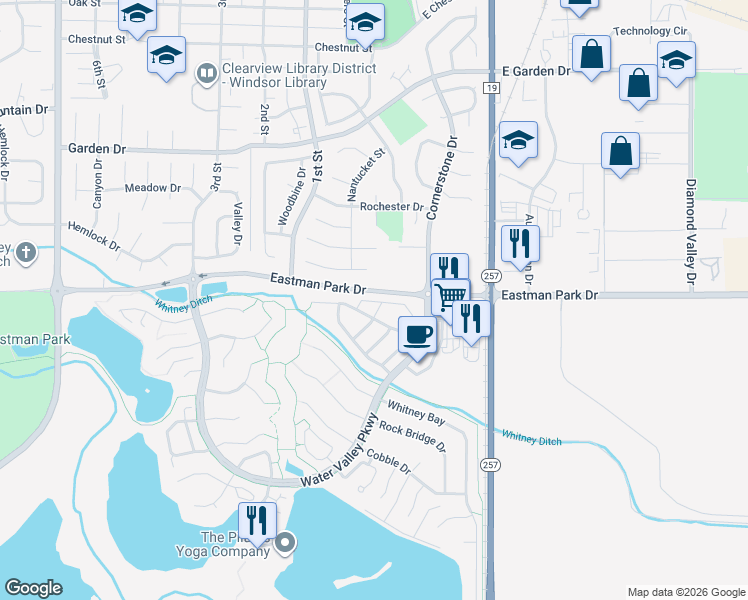 map of restaurants, bars, coffee shops, grocery stores, and more near 107 Rose Court in Windsor