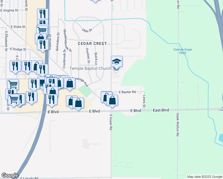 map of restaurants, bars, coffee shops, grocery stores, and more near 2410 East Baxter Road in Kokomo
