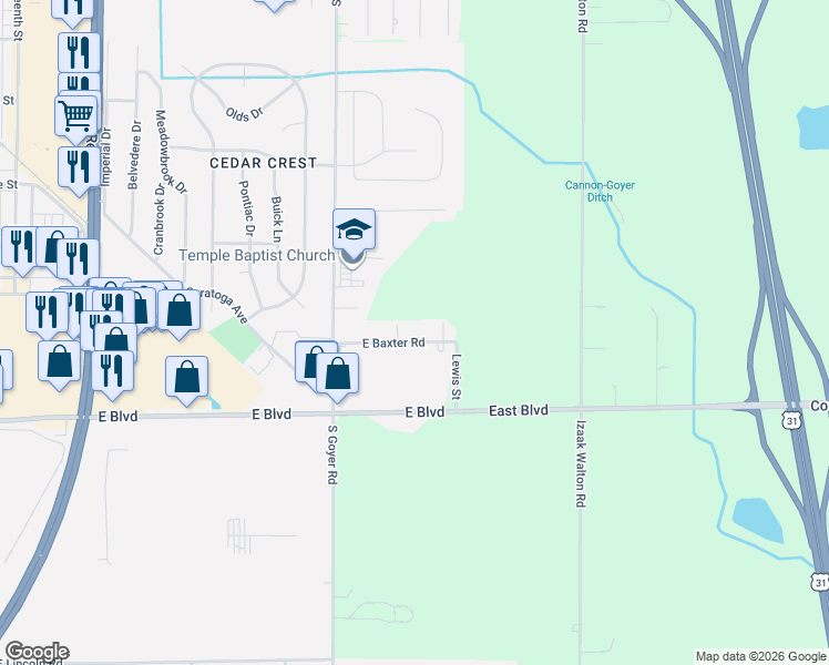 map of restaurants, bars, coffee shops, grocery stores, and more near 2700 E Baxter Rd in Kokomo