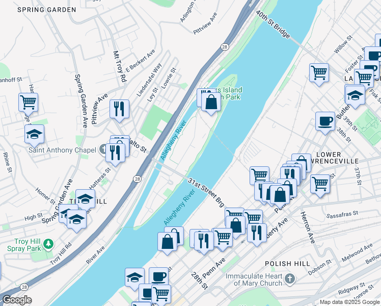 map of restaurants, bars, coffee shops, grocery stores, and more near in Pittsburgh