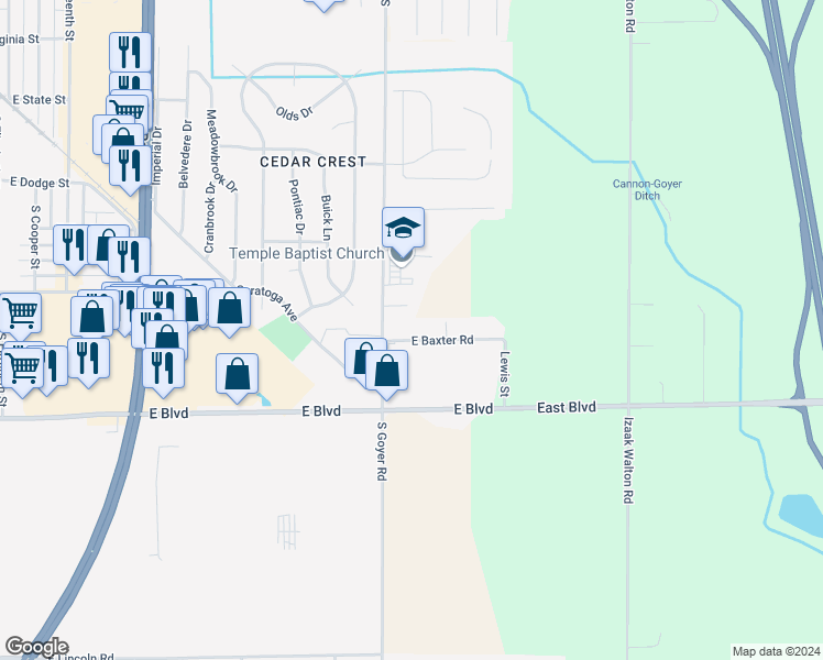 map of restaurants, bars, coffee shops, grocery stores, and more near 2438 East Baxter Road in Kokomo