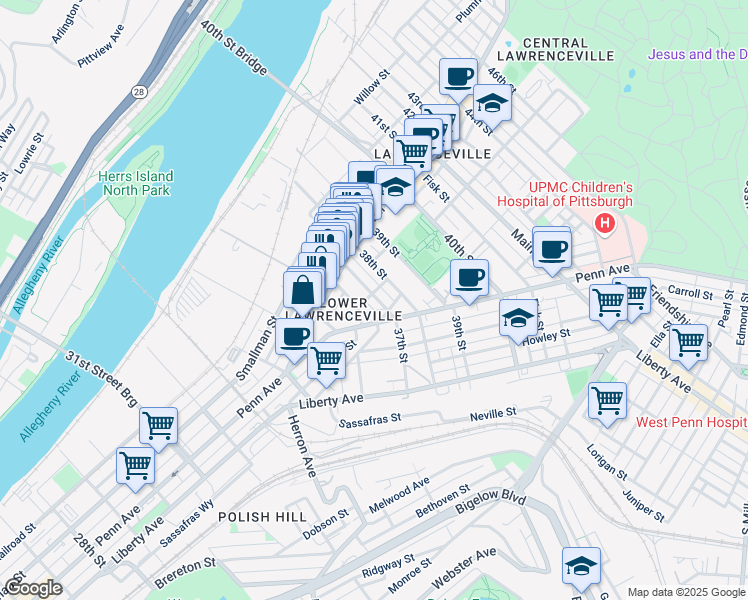 map of restaurants, bars, coffee shops, grocery stores, and more near 256 37th Street in Pittsburgh