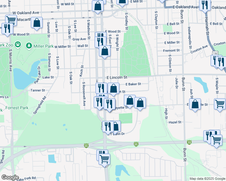 map of restaurants, bars, coffee shops, grocery stores, and more near 1410 South East Street in Bloomington
