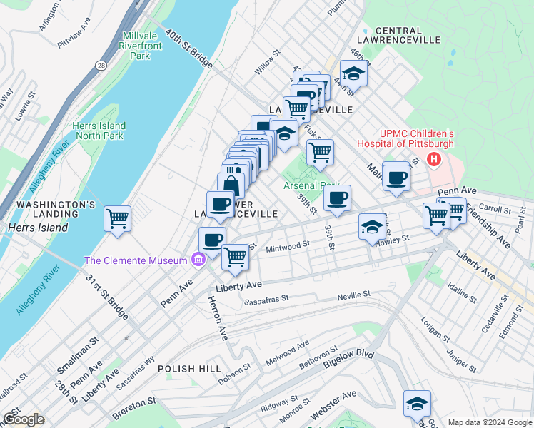 map of restaurants, bars, coffee shops, grocery stores, and more near 250 37th Street in Pittsburgh