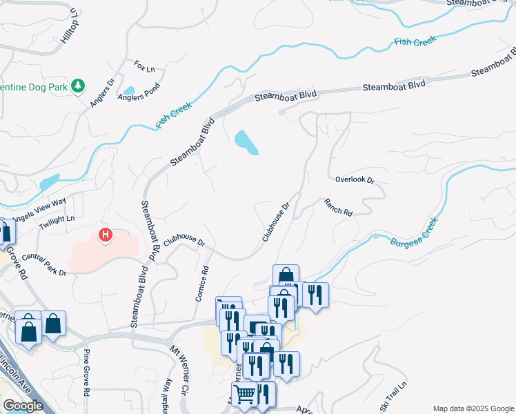 map of restaurants, bars, coffee shops, grocery stores, and more near 1795 Highland Way in Steamboat Springs