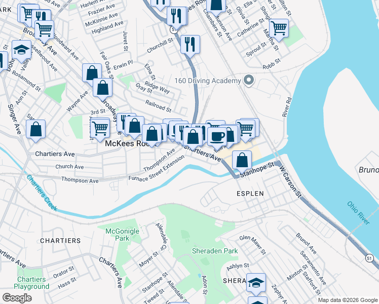 map of restaurants, bars, coffee shops, grocery stores, and more near 618 Chartiers Avenue in McKees Rocks