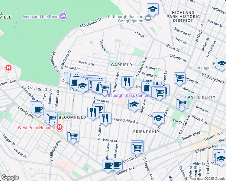 map of restaurants, bars, coffee shops, grocery stores, and more near 140 North Atlantic Avenue in Pittsburgh