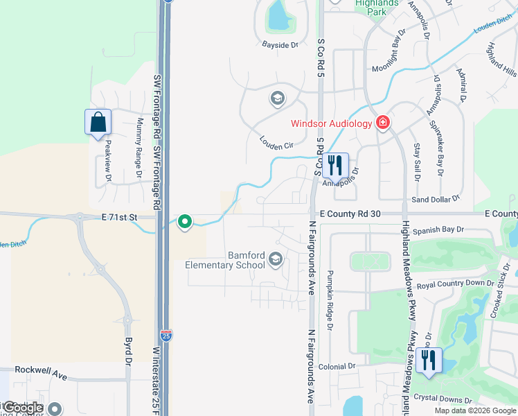 map of restaurants, bars, coffee shops, grocery stores, and more near 4816 East County Road 30 in Fort Collins