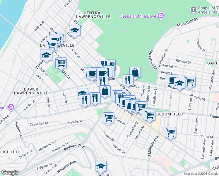 map of restaurants, bars, coffee shops, grocery stores, and more near 4410 Woolslayer Way in Pittsburgh