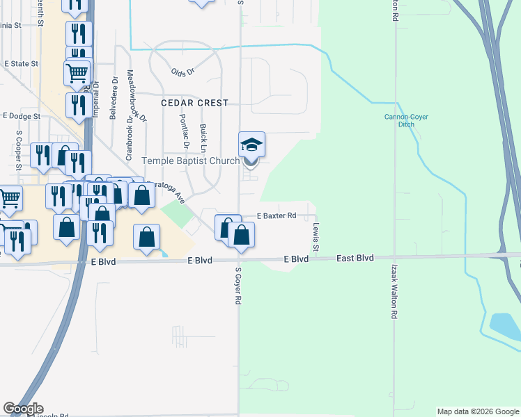 map of restaurants, bars, coffee shops, grocery stores, and more near 1930 South Goyer Road in Kokomo