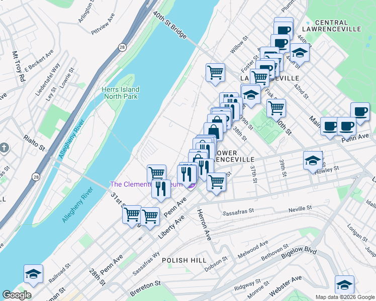 map of restaurants, bars, coffee shops, grocery stores, and more near 3599 Spruce Way in Pittsburgh