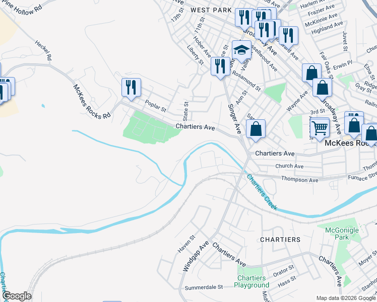 map of restaurants, bars, coffee shops, grocery stores, and more near 3 Creek Road in McKees Rocks