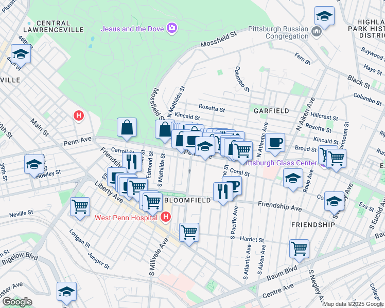 map of restaurants, bars, coffee shops, grocery stores, and more near 5000 Penn Avenue in Pittsburgh