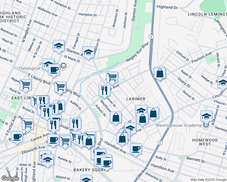 map of restaurants, bars, coffee shops, grocery stores, and more near in Pittsburgh