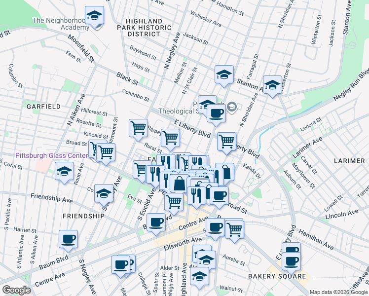 map of restaurants, bars, coffee shops, grocery stores, and more near 414 North Beatty Street in Pittsburgh