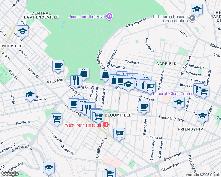 map of restaurants, bars, coffee shops, grocery stores, and more near 4823 Penn Avenue in Pittsburgh