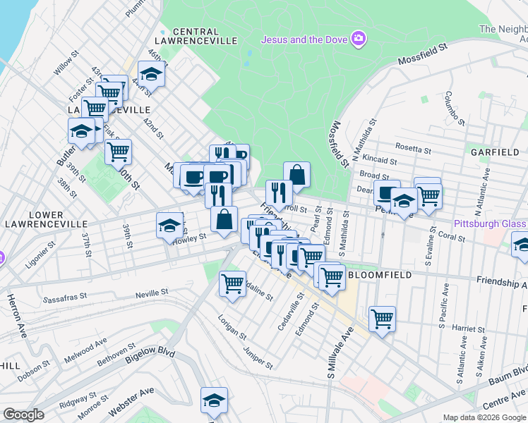 map of restaurants, bars, coffee shops, grocery stores, and more near 4533 Friendship Avenue in Pittsburgh