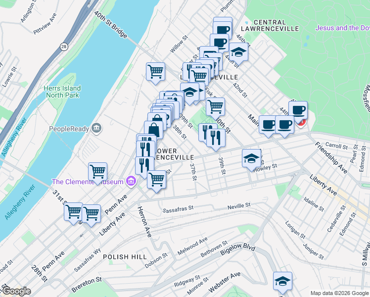 map of restaurants, bars, coffee shops, grocery stores, and more near 237 37th Street in Pittsburgh