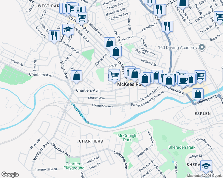 map of restaurants, bars, coffee shops, grocery stores, and more near 1101 Zinkhan Street in McKees Rocks