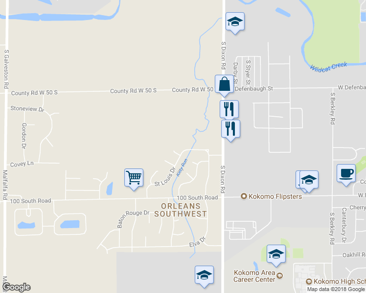 map of restaurants, bars, coffee shops, grocery stores, and more near 2608 Saint Louis Drive in Kokomo