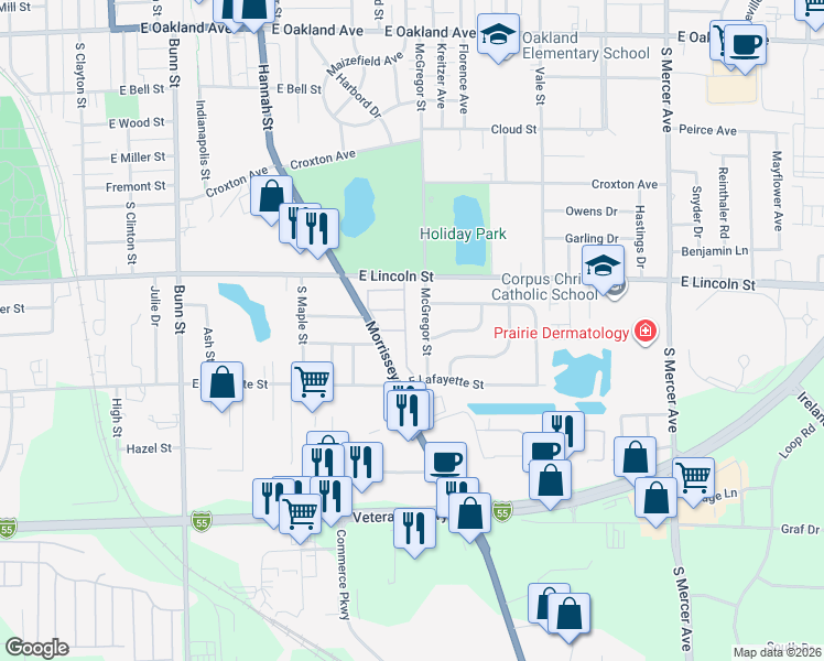 map of restaurants, bars, coffee shops, grocery stores, and more near 1011 McGregor Street in Bloomington