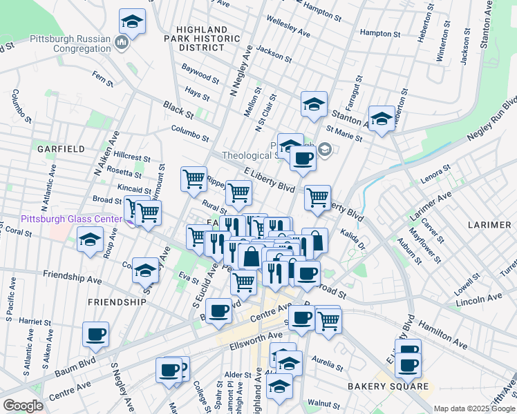 map of restaurants, bars, coffee shops, grocery stores, and more near 414 North Beatty Street in Pittsburgh