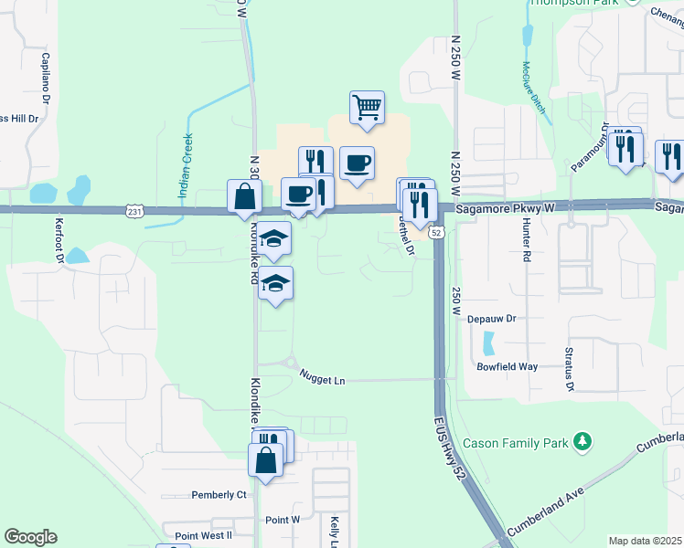 map of restaurants, bars, coffee shops, grocery stores, and more near 2740 Wyndham Way in West Lafayette