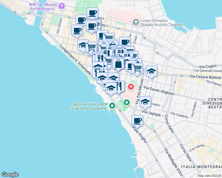 map of restaurants, bars, coffee shops, grocery stores, and more near 2 Via Bruno Francesco in Taranto