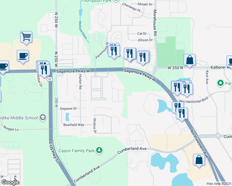 map of restaurants, bars, coffee shops, grocery stores, and more near 3114 Cheswick Court in West Lafayette