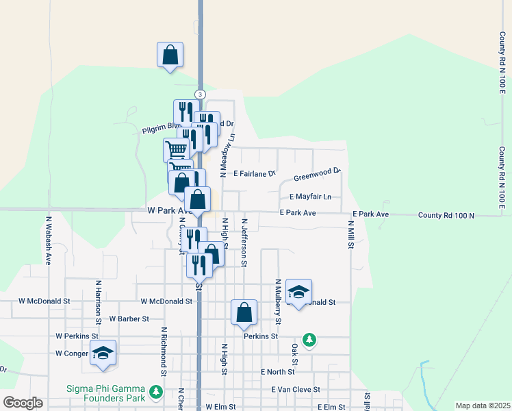 map of restaurants, bars, coffee shops, grocery stores, and more near 111 East Park Avenue in Hartford City