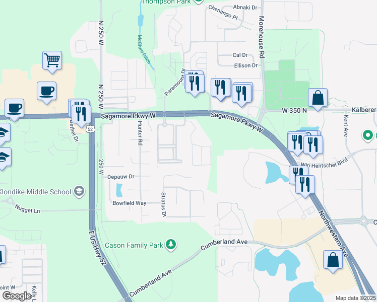 map of restaurants, bars, coffee shops, grocery stores, and more near 3422 Cheswick Court in West Lafayette