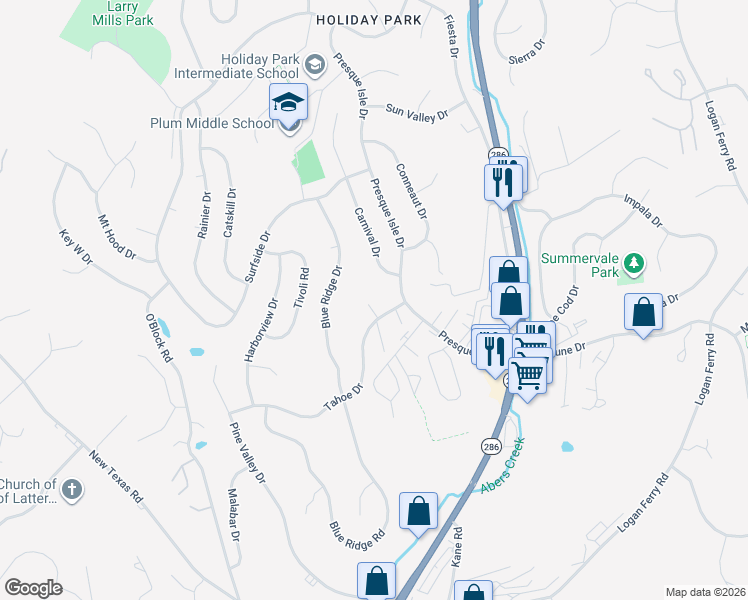 map of restaurants, bars, coffee shops, grocery stores, and more near 20 Moraine Road in Pittsburgh
