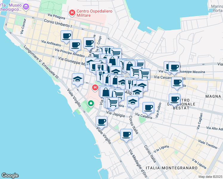 map of restaurants, bars, coffee shops, grocery stores, and more near 42 Via Temenide in Taranto