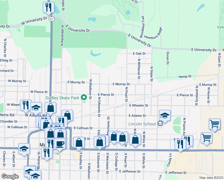 map of restaurants, bars, coffee shops, grocery stores, and more near 601-699 North Mechanic Street in Macomb
