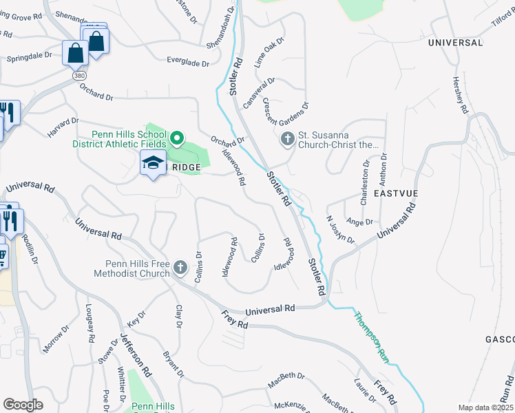 map of restaurants, bars, coffee shops, grocery stores, and more near 527 Idlewood Road in Pittsburgh