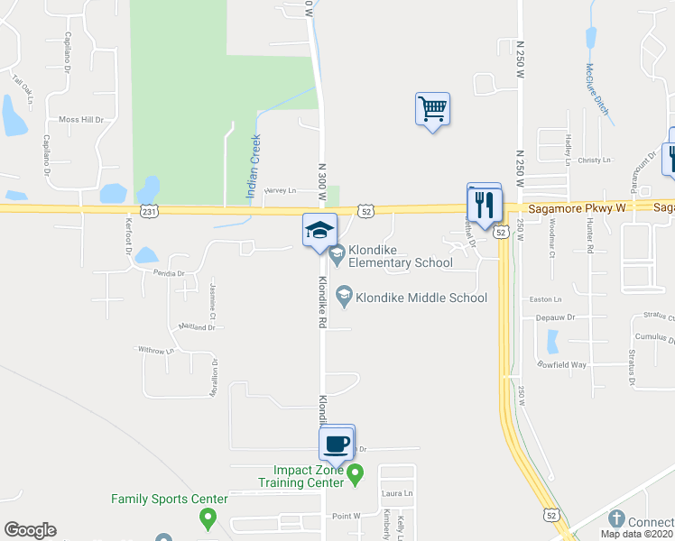 map of restaurants, bars, coffee shops, grocery stores, and more near 3311 Klondike Road in West Lafayette