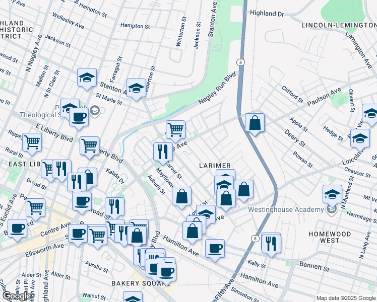 map of restaurants, bars, coffee shops, grocery stores, and more near 540 Larimer Avenue in Pittsburgh