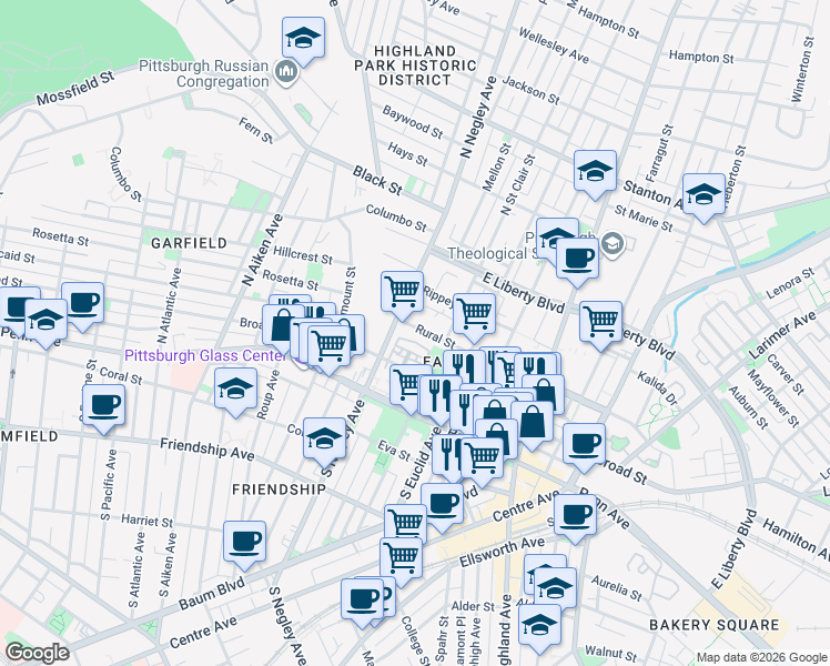 map of restaurants, bars, coffee shops, grocery stores, and more near 5611 Rural Street in Pittsburgh