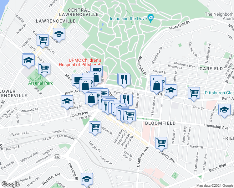 map of restaurants, bars, coffee shops, grocery stores, and more near 4567 Comrie Way in Pittsburgh