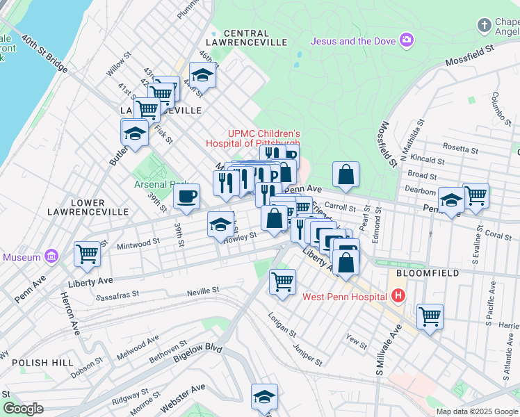 map of restaurants, bars, coffee shops, grocery stores, and more near in Pittsburgh