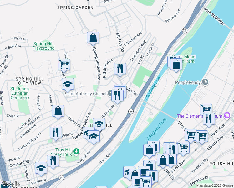 map of restaurants, bars, coffee shops, grocery stores, and more near 1806 Harpster Street in Pittsburgh
