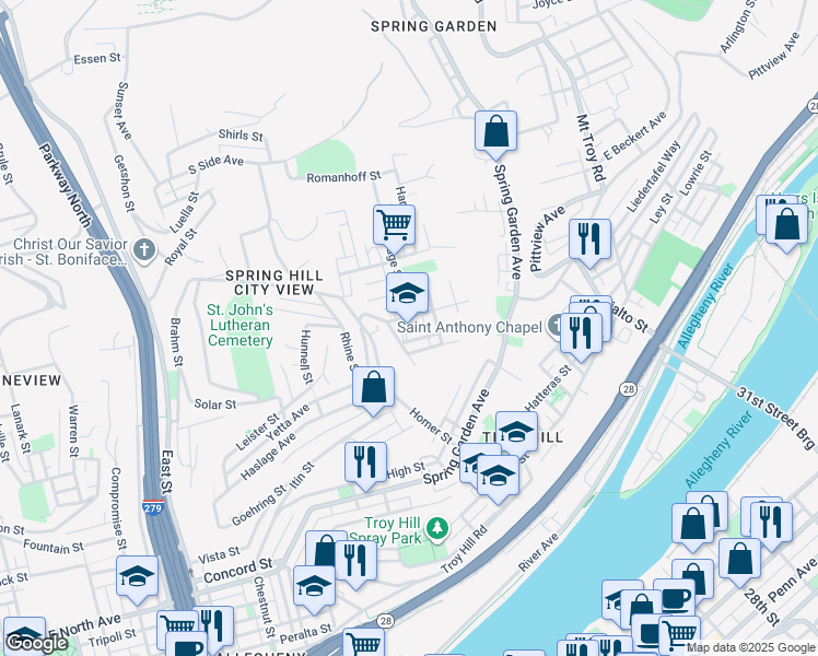 map of restaurants, bars, coffee shops, grocery stores, and more near 1381 Damas Street in Pittsburgh