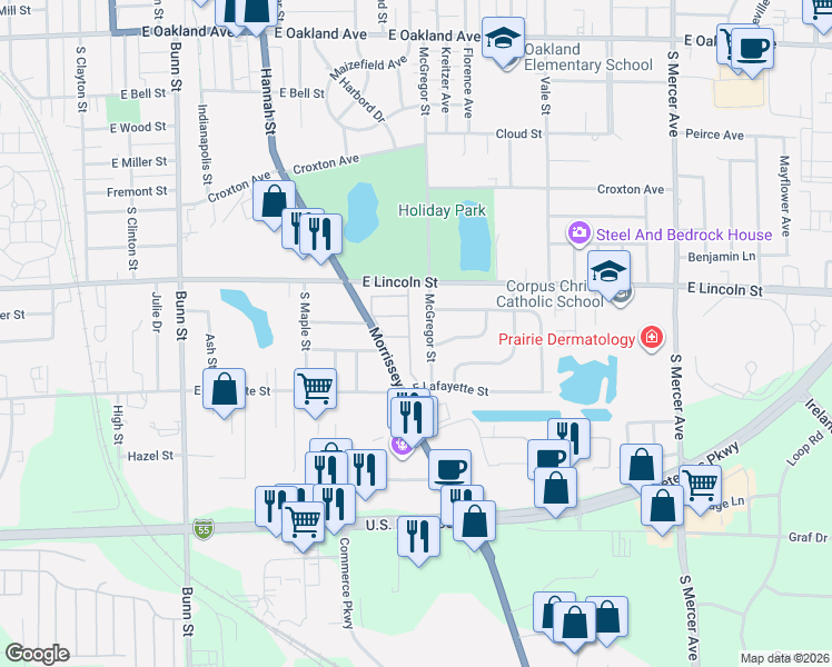 map of restaurants, bars, coffee shops, grocery stores, and more near 1011 McGregor Street in Bloomington