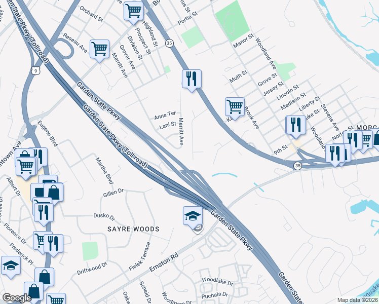 map of restaurants, bars, coffee shops, grocery stores, and more near 19 Saint Peter Drive in South Amboy