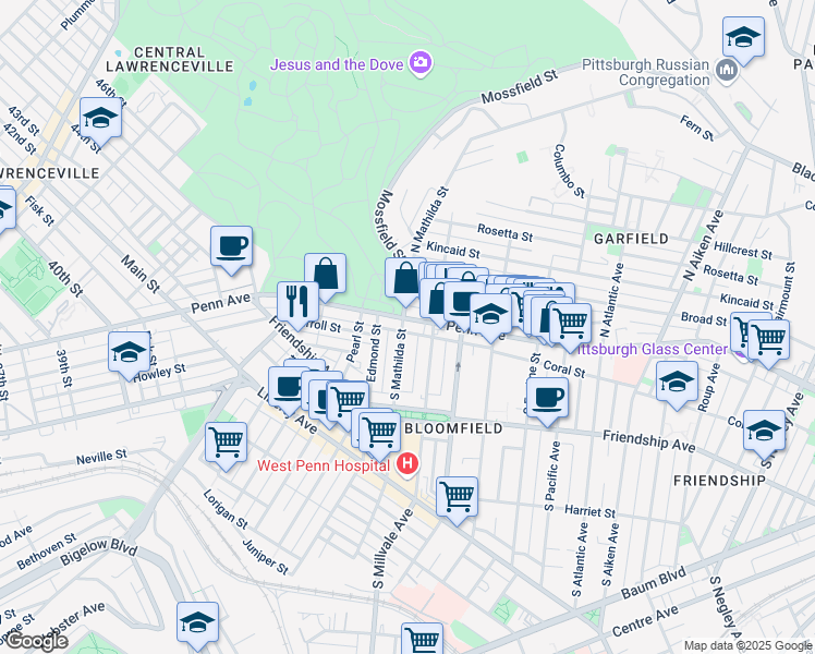 map of restaurants, bars, coffee shops, grocery stores, and more near 4800 Penn Avenue in Pittsburgh