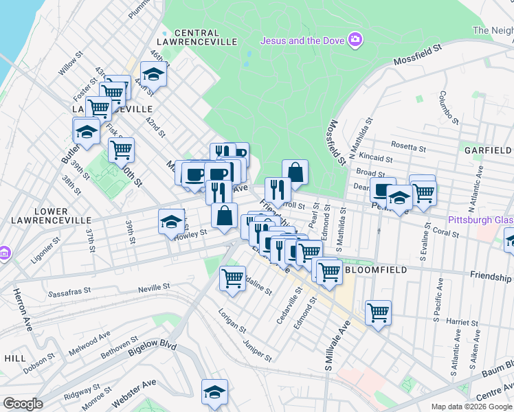 map of restaurants, bars, coffee shops, grocery stores, and more near 4533 Friendship Avenue in Pittsburgh