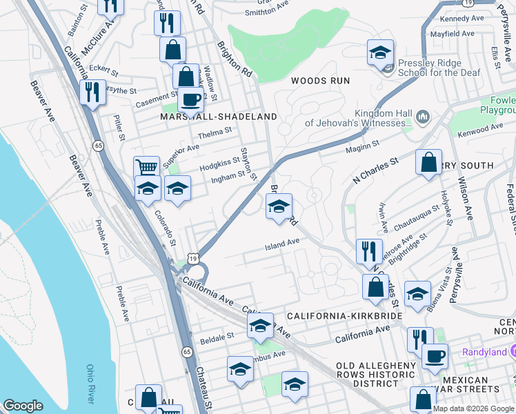 map of restaurants, bars, coffee shops, grocery stores, and more near 1145 U.S. 19 in Pittsburgh