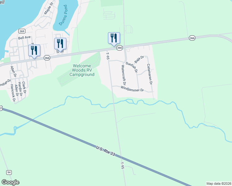 map of restaurants, bars, coffee shops, grocery stores, and more near 6664-6842 County Road 95 in Russells Point