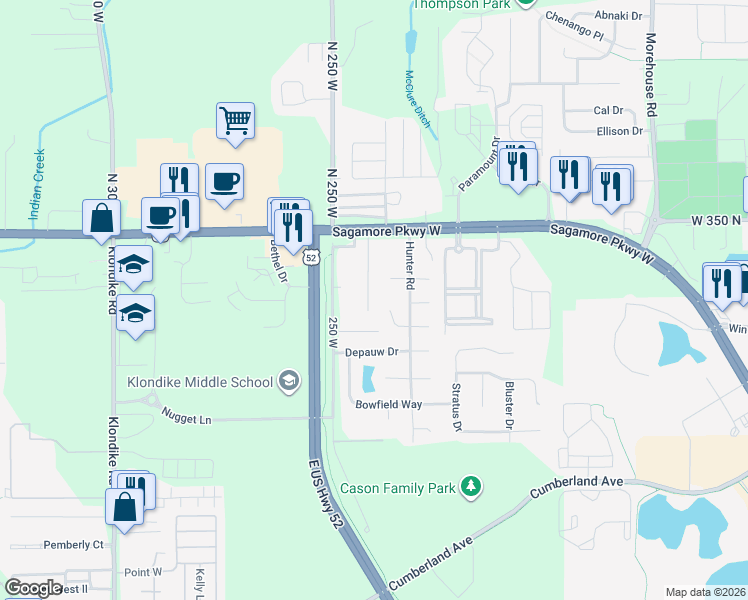 map of restaurants, bars, coffee shops, grocery stores, and more near 2312 Centennial Court West in West Lafayette