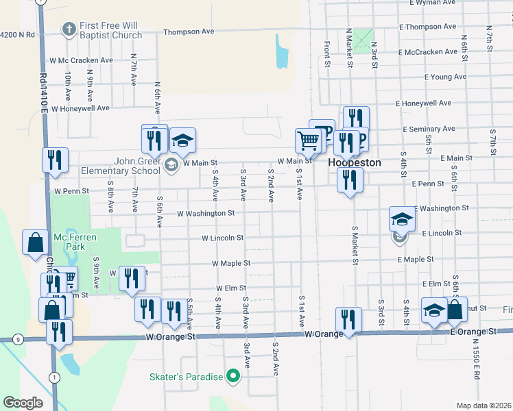 map of restaurants, bars, coffee shops, grocery stores, and more near 300-398 South 3rd Avenue in Hoopeston